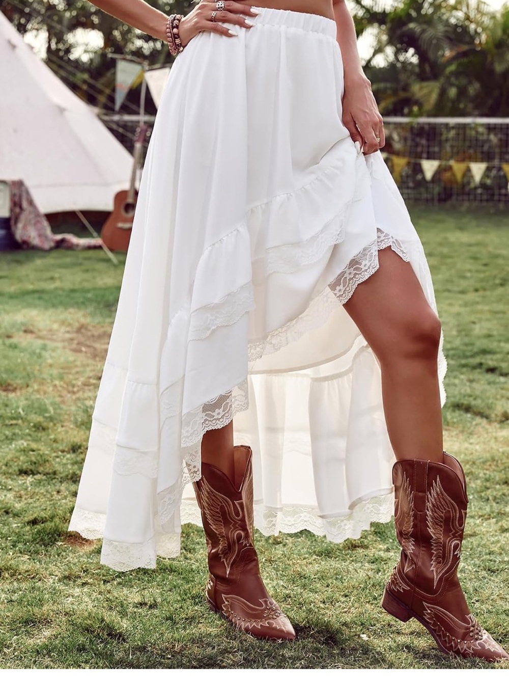 White Lace Trim High-Low Maxi Skirt